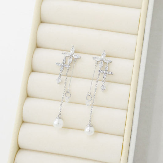 Glass Star Flower Elegant Pearl Drop Dangle Korean Dainty Style Earrings