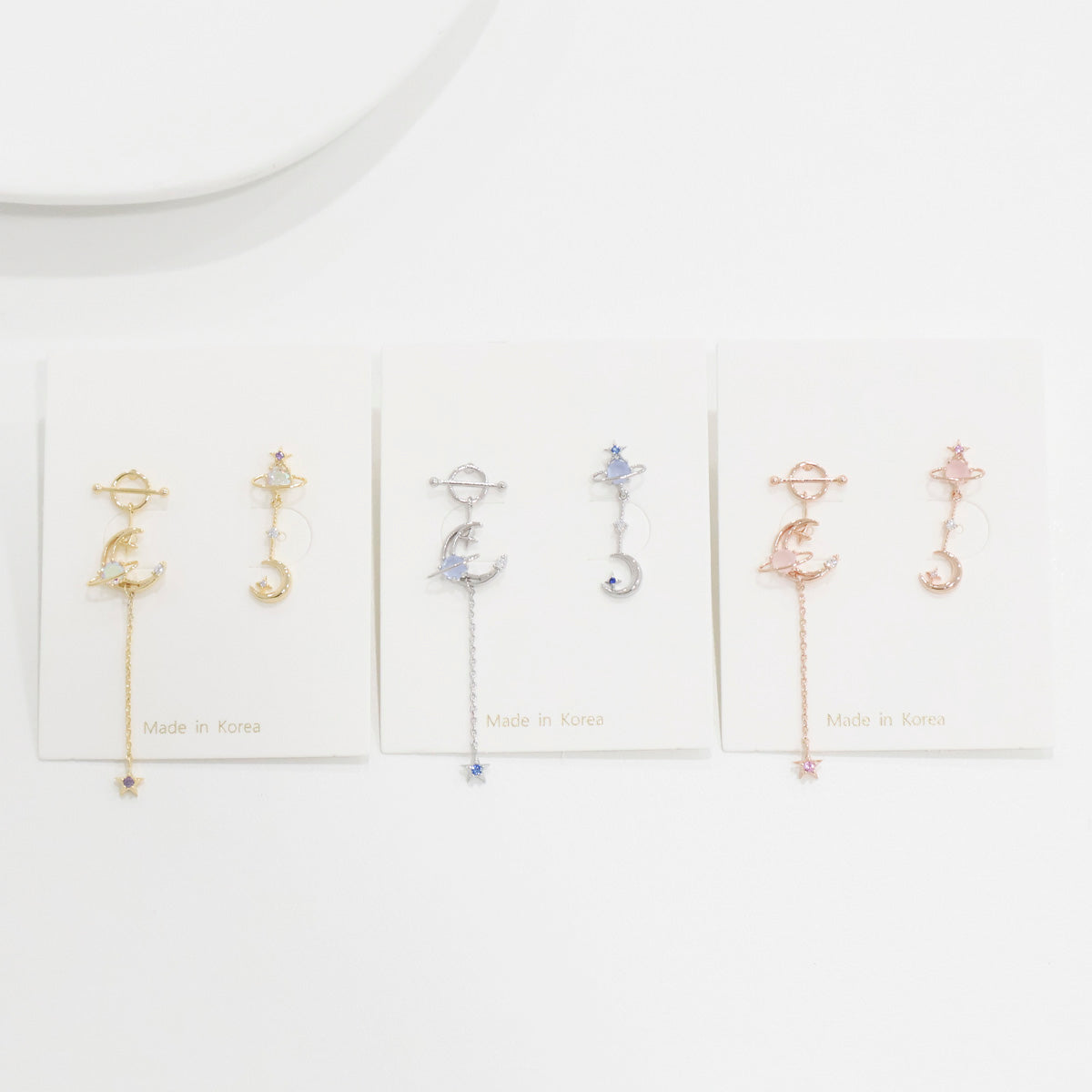 Asymmetric Crescent Moon Star Planet Dangle Korean Dainty Style Earrings