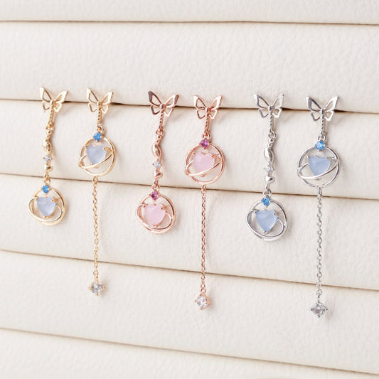 Mis-matched Heart Planet Chain Drop Dangle Earrings - 2 colors