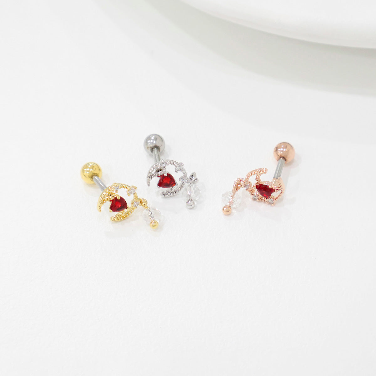 Crescent Moon Heart Drop Korean Ear Piercing - 3 colors