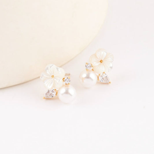 Mother of Pearl Elegant Stud Earrings Made in Korea - Gold Color