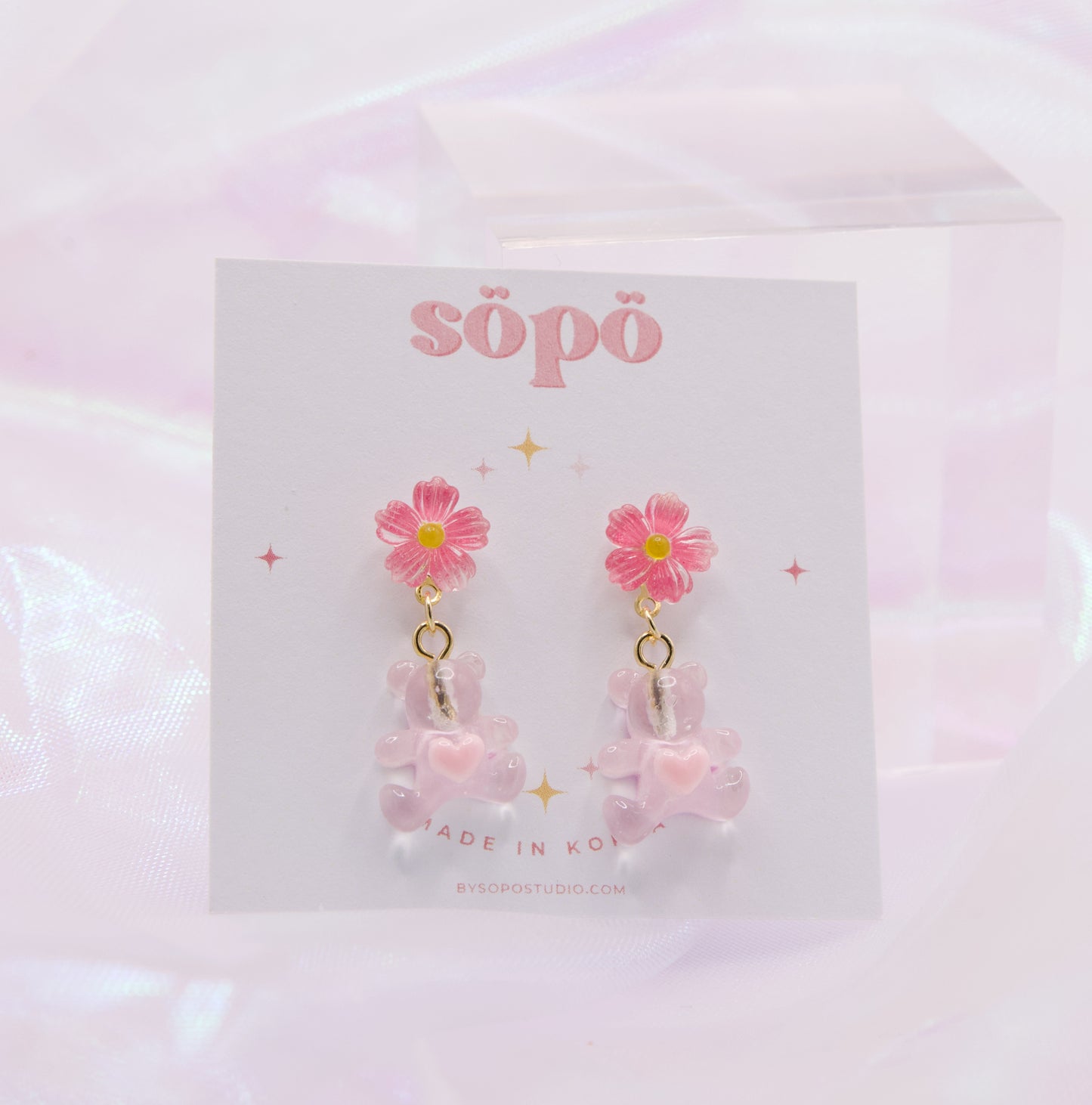 Korean Sakura Pink Candy Bear Dangle Earrings