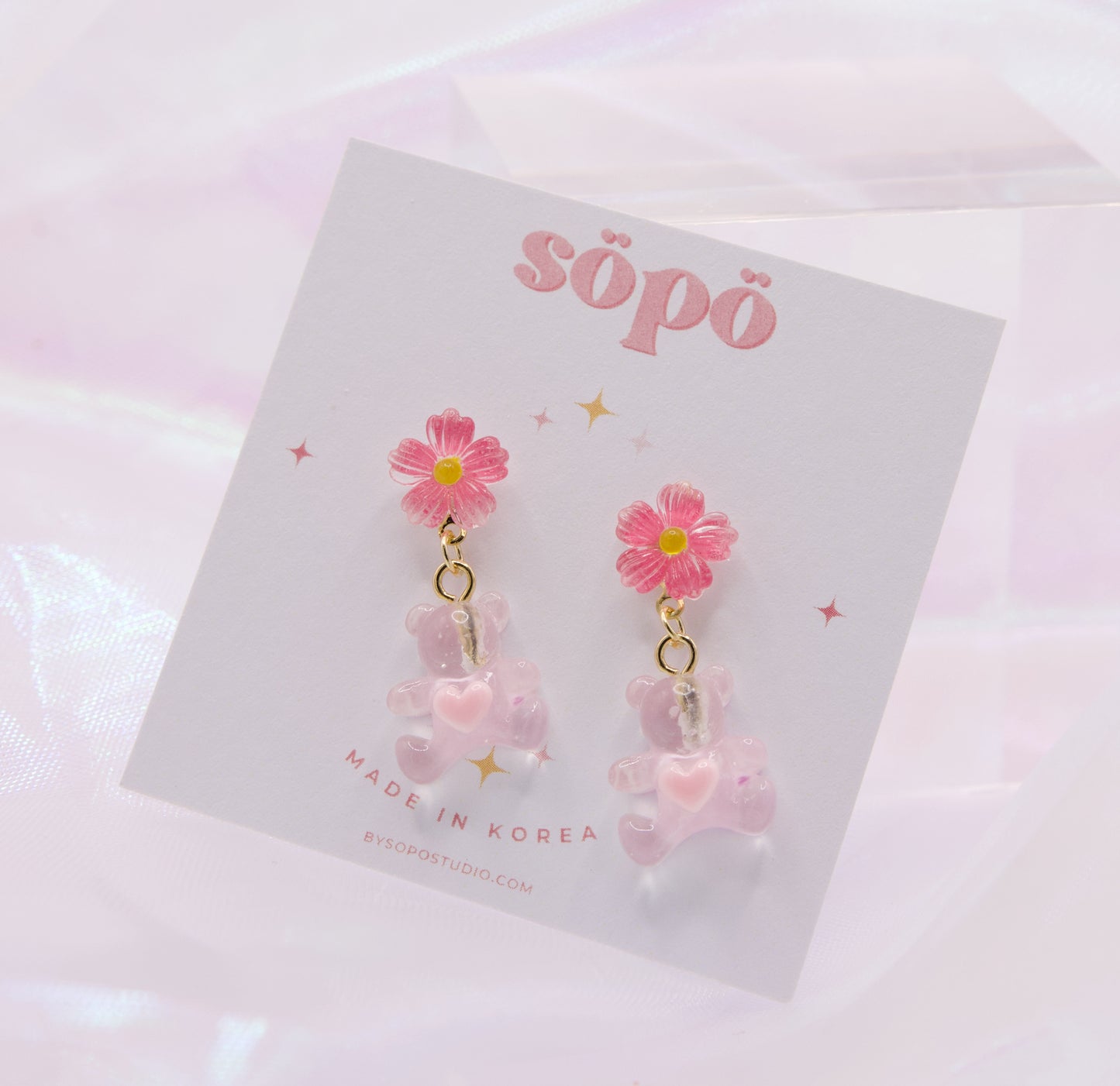 Korean Sakura Pink Candy Bear Dangle Earrings
