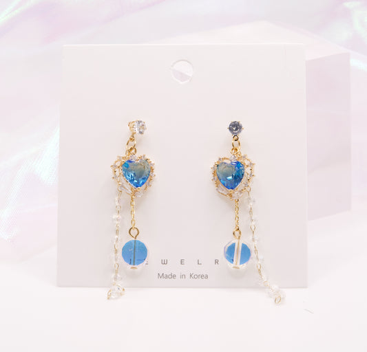 Korean Cute Crystal Blue Heart Drop Dangle Earrings