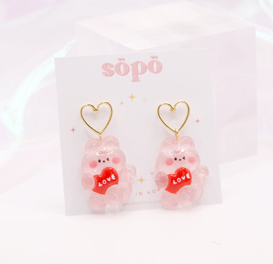 Cute Pink Bunny Heart Dangle Earrings