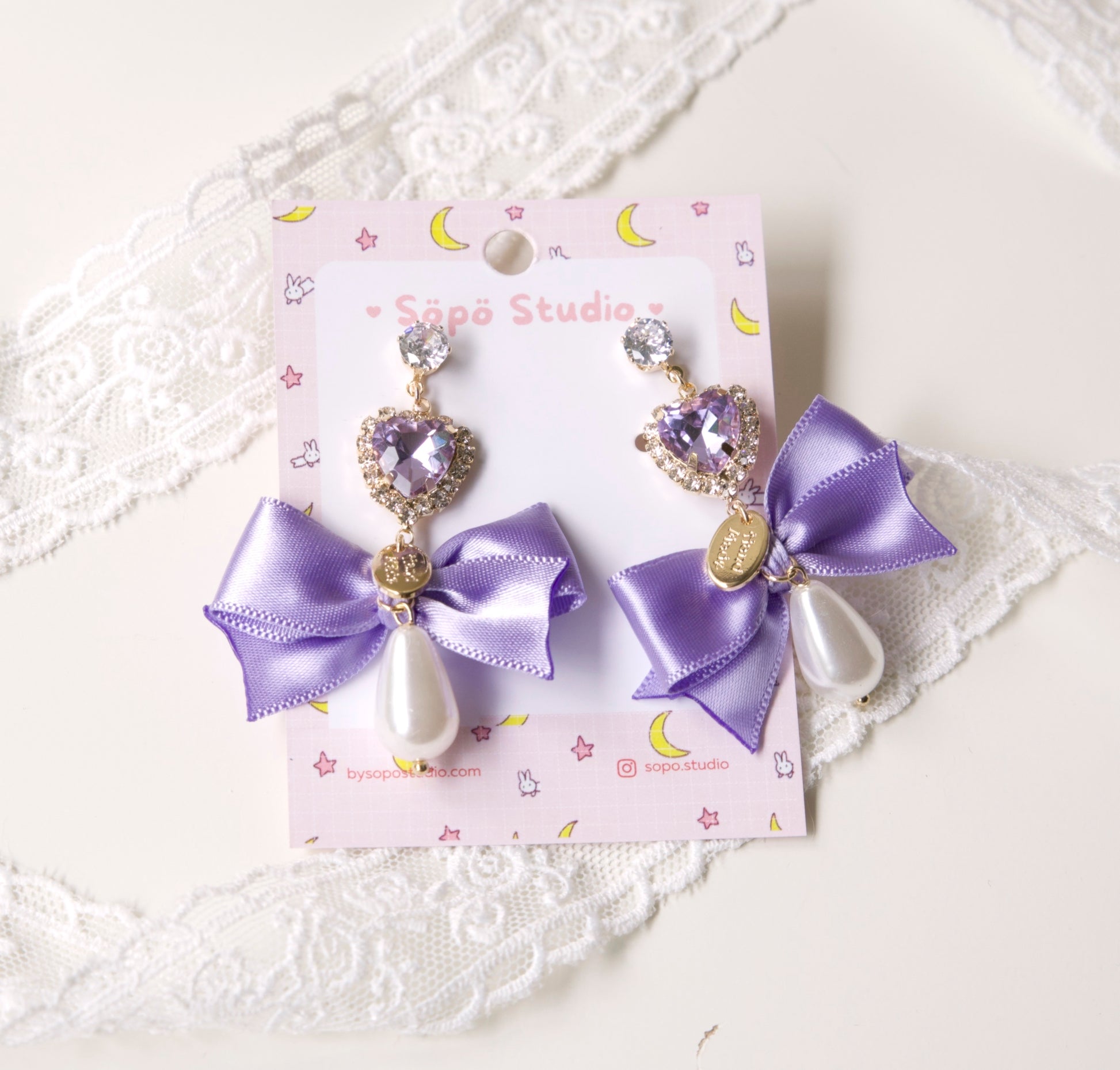Crystal Heart Ribbon Pearl Lolita Dangle Earrings – Sopo Studio
